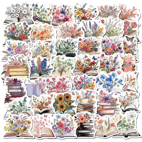 Reading In The Spring, Books Overflowing With Flowers, 50 Decal Stickers - Picture 3 of 15